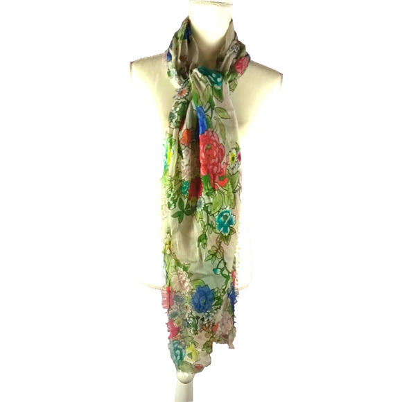 Scarf Women's Rectangle 72" X 23 Flowers Red Cream blue Green - Picture 1 of 6